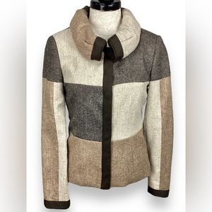 Worth Brown Colorblock Tweed Shacket Jacket Statement Rolled Collar